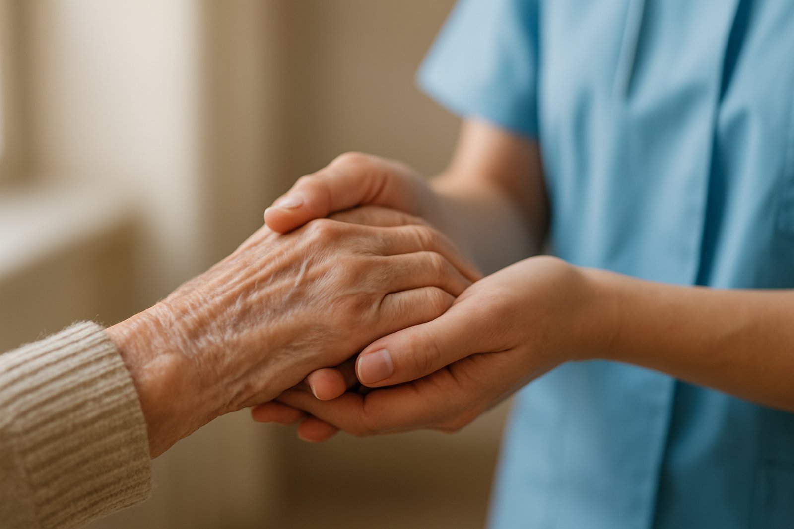 ambulanter-pflegedienst-frankfurt-haeusliche-pflege-betreuung Pflegekraft hält die Hand einer Seniorin – häusliche Pflege in Frankfurt