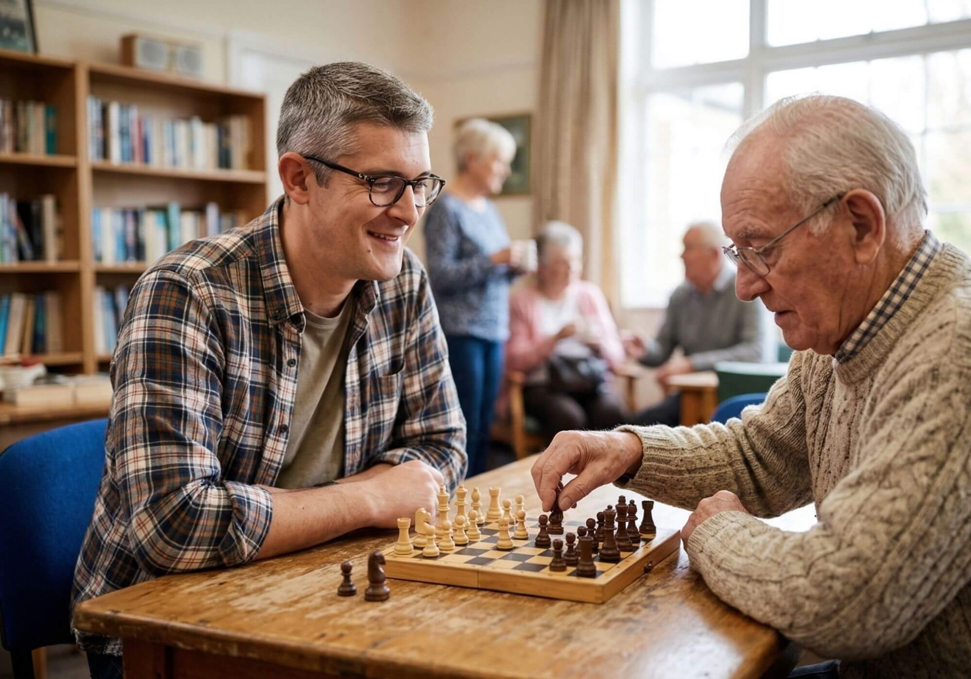 LuminaCare Frankfurt – Gesellschaft leisten und Betreuung "Ein Pfleger von LuminaCare in Frankfurt leistet einem Senior Gesellschaft beim Schachspielen.