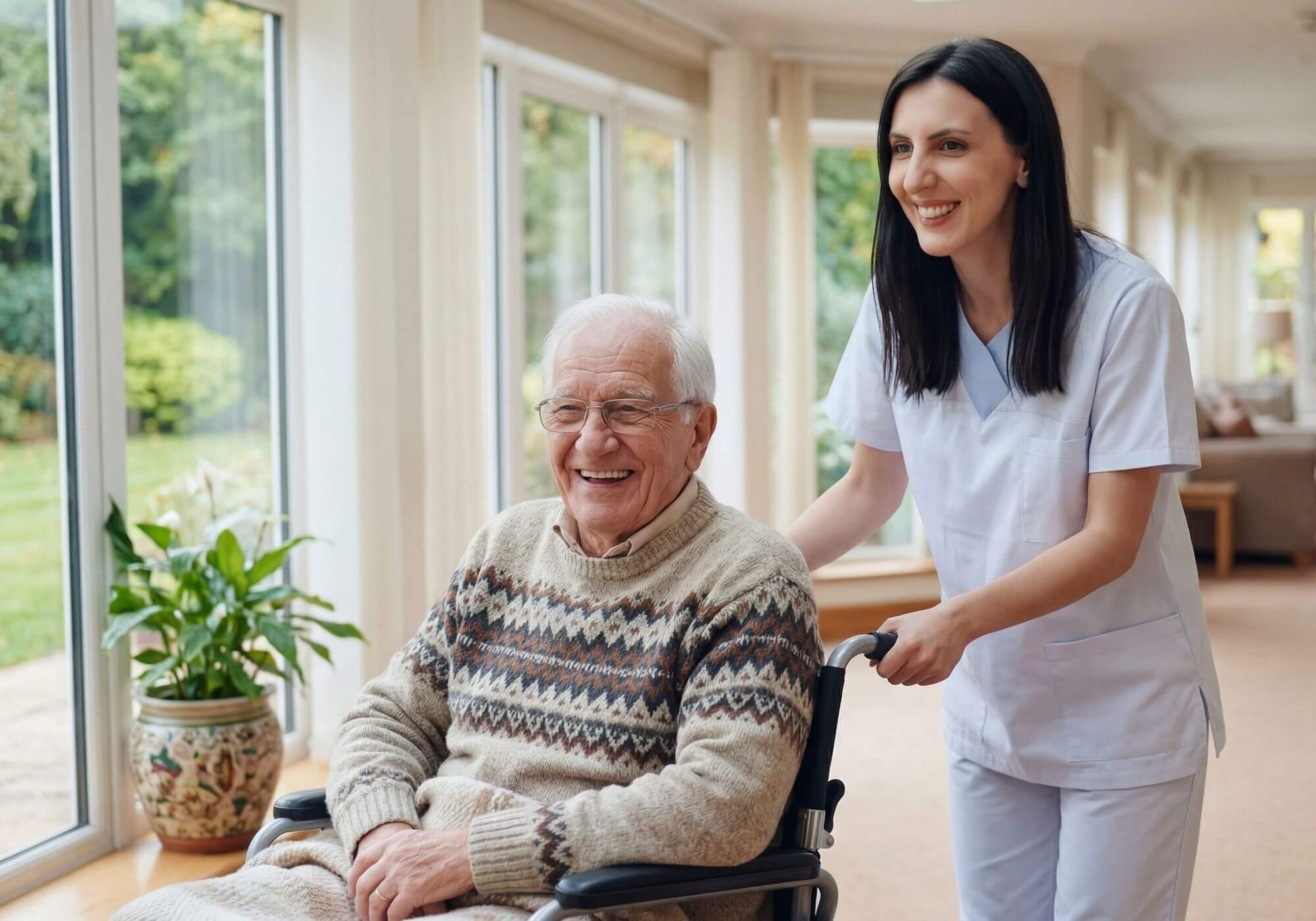 Freundliche Pflegekraft des Pflegedienstes Luminacare Frankfurt begleitet eine Seniorin im Rollstuhl für mehr Mobilität.