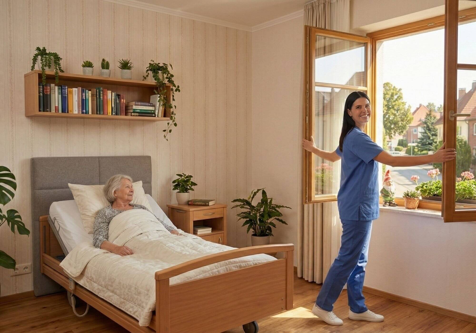 Verhinderungspflege durch LuminaCare in Frankfurt: Eine Krankenschwester öffnet das Fenster für einen Patienten im Bett, während die Familie im Urlaub ist.
